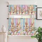 Easter Kitchen Curtains Set 3 Piece for Windows, Rod Pocket Valance and Tier Set 36 Inch Length, Spring Bunny Eggs Botanical Floral Wooden Grain Light Filtering Cafe Curtains for Living Room Bathroom
