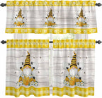 Yellow Gnomes Kitchen Curtains Set 3 Piece for Windows, Rod Pocket Valance and Tier Set 36 Inch Length, Spring Bees Daisy Plaid Wooden Grain Light Filtering Cafe Curtains for Living Room Bathroom