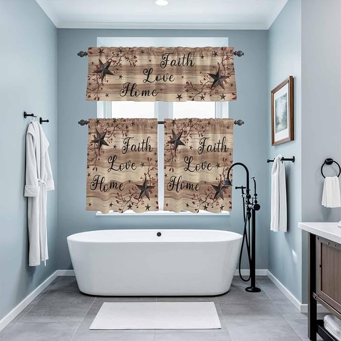Kitchen Curtains Tiers and Valance Set of 3, Farmhouse Star Brown Light Filtering Window Curtain Set, Retro Branches Berry Wooden Grain Rod Pocket Curtain Drapes for Cafe, Living Room, 36 Inches Tiers