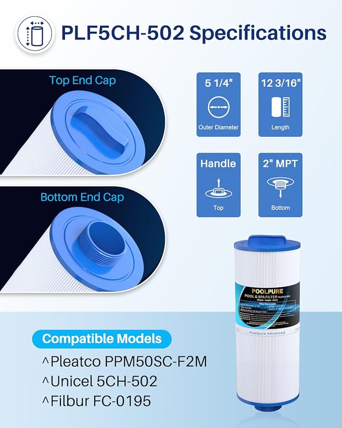 POOLPURE 5CH-502 Fine Thread Spa Filter Replaces PPM50SC-F2M, Marquis Spa 20041, 20091, 370-0237, Marquis 50, 2” Male Thread/MPT Hot Tub Filter (1)