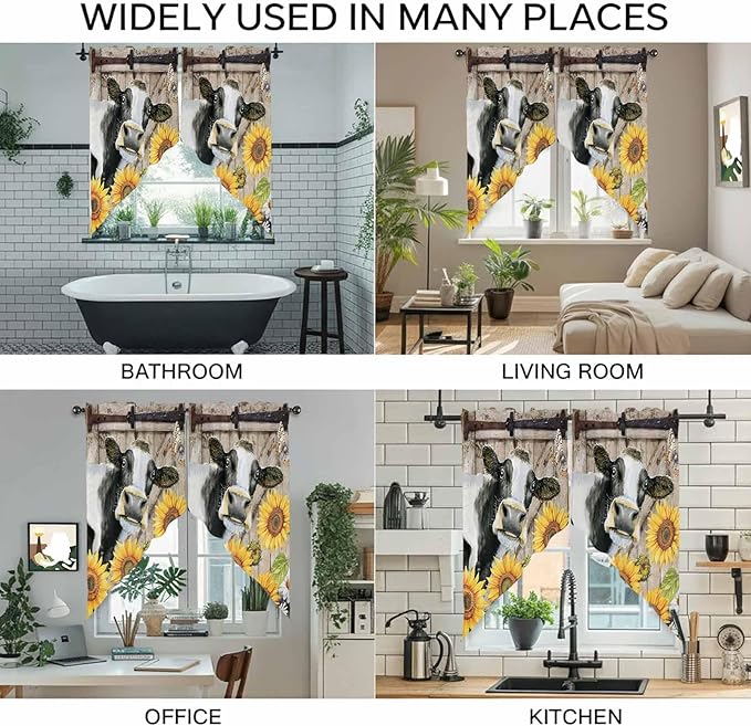 Retro Farmhouse Flower Swag Valances for Windows, Yellow Sunflowers Cow Barn Doors Brown Rod Pocket Kitchen Curtains Valance, Small Window Curtains Swag for Cafe Living Room, 2 Panels, 36x36 inch