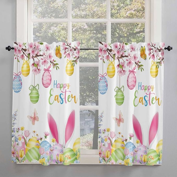 Happy Easter Tier Curtains 45 Inches Long, Spring Watercolor Bunny Eggs Flower Branch Window Treatment Curtain Drapes, Small Curtain Drapes for Bathroom Laundry Room, 27.5"x45", 2 Panels