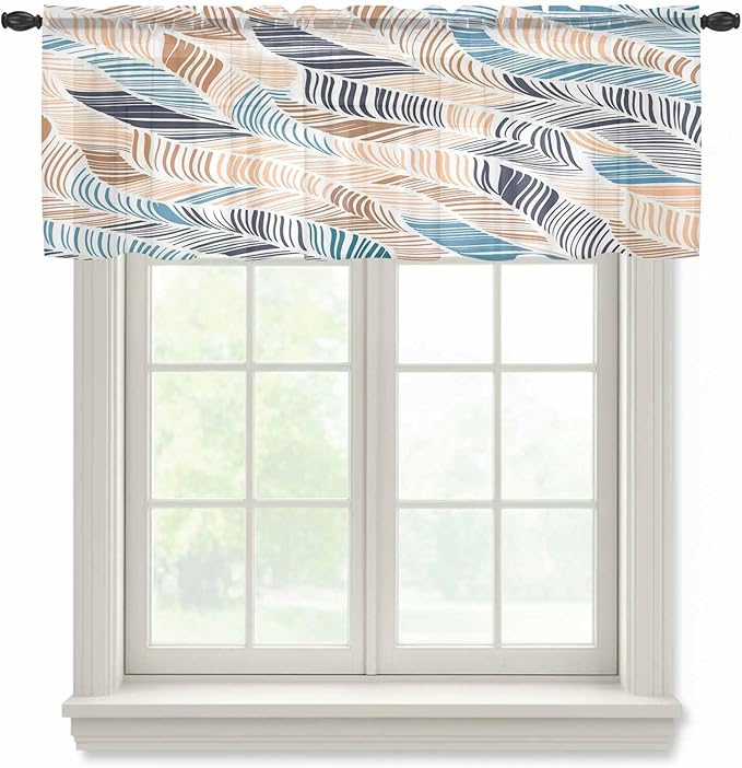 Abstract Stripes Sheer Valance Curtains, Brown Blue Gradient Wavy Lines Leaf Texture Light Filtering Kitchen Valances Rod Pocket Voile Curtain Window Treatment for Bedroom/Living Room/Basement 54Wx18L