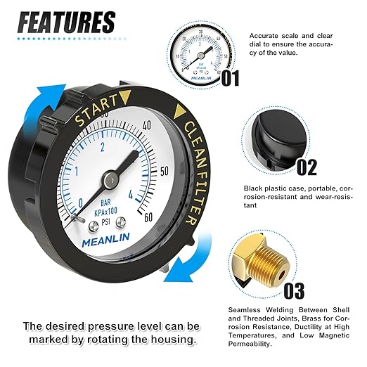 MEANLIN MEASURE 0~60Psi Plastic Frame 1/4" NPT Start and Clean Filter Pressure Gauge, Suitable for Swimming Pool, Spa, Aquarium (0-60Psi/0-4BAR/KIT, Center Back Mount)