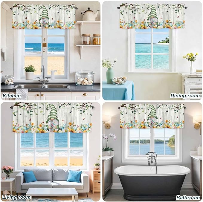 Easter Gnomes Curtain Valances for Windows, Kitchen Valance Window Treatment, Spring Watercolor Eggs Flower Wood Grain Light Filtering Block Curtains for Bathroom/Bedroom/Living Room 42'' x 12''