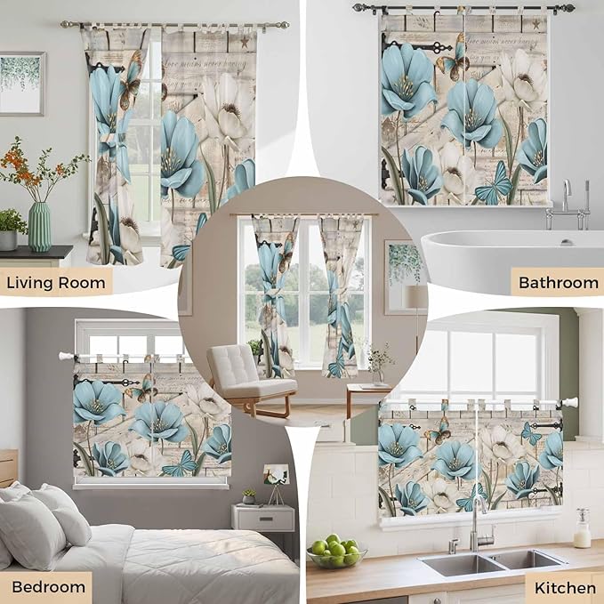 Teal Blue Tulips Kitchen Curtains 36 Inch Length, Small Window Curtains Tab Top, Spring Floral Barn Doors Vintage Wood Beige Light Filtering Short Window Treatments Tier Drapes 27.5"x36" 2 Panel