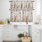 Kitchen Curtains Tiers and Valance Set of 3, Easter Light Filtering Window Curtain Set, Spring Bunny Butterfly Botanical Wooden Grain Rod Pocket Curtain Drapes for Cafe, Living Room, 36 Inches Tiers