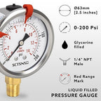 0 to 200 Psi Pressure Gauge, Glycerin Liquid Filled, 2.5 inch Dial, 1/4" NPT Lower Mount, Stainless Steel Case, for Air Compressor, Shock, Water System, Well Pump, Tank, Pipe, Pressure Test