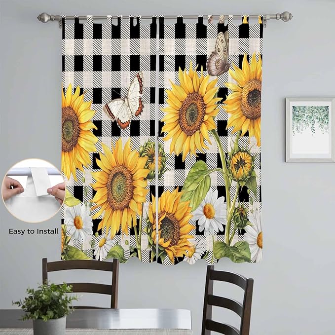 Sunflowers Living Room Curtains 84 Inch Length, Window Curtains Tab Top, Yellow Flowers Butterfly Farmhouse Black Plaid Light Filtering Window Treatments Drapes 52"x84" 2 Panel