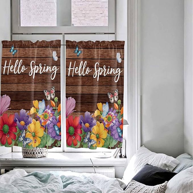 Spring Flowers Tier Curtains 45 Inches Long, Watercolor Farmhouse Colorful Wooden Grain Window Treatment Curtain Drapes, Small Curtain Drapes for Bathroom Laundry Room, 27.5"x45", 2 Panels