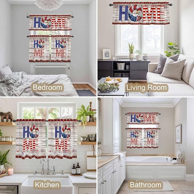 4th of July Kitchen Curtains Set 3 Piece for Windows,Rod Pocket Valance and Tier Set 24 Inch Length,Stars Striped Farmhouse American Flag Wood Grain Light Filtering Cafe Curtains for Living Room