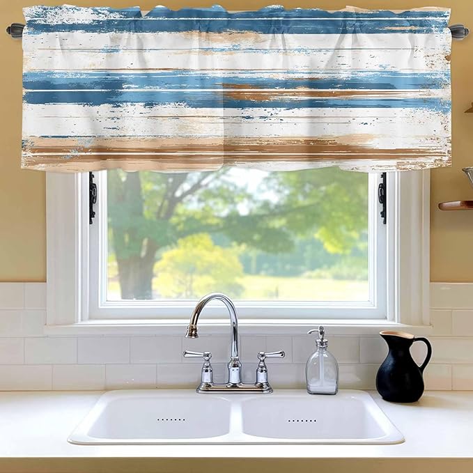 Vintage Blue Valances for Windows, Brown Wood Grain Mottled Texture Abstract Art Kitchen Valance Light Filtering Rod Pocket Short Curtains for Kitchen Bathroom, 1 Panel, 60"x18"
