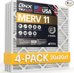 BNX TruFilter 20x20x1 Air Filter MERV 11 (4-Pack) - MADE IN USA - Allergen Defense Electrostatic Pleated Air Conditioner HVAC AC Furnace Filters for Allergies, Dust, Pet, Smoke, Allergy MPR 1200 FPR 7