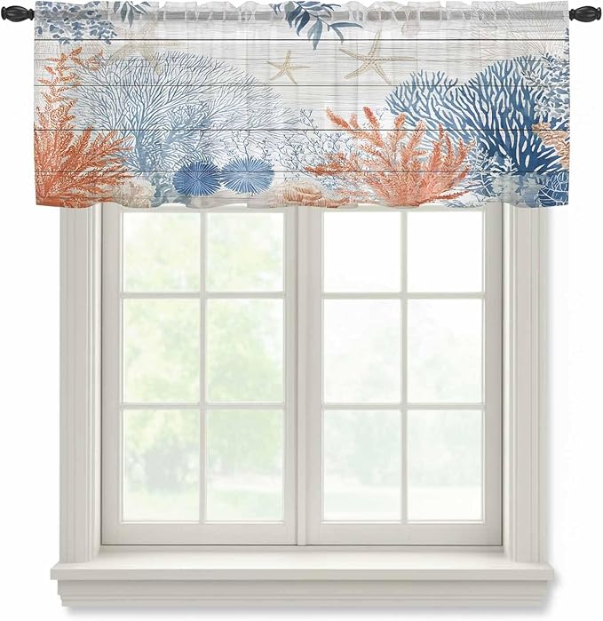 Ocean Corals Sheer Valance Curtains, Summer Beach Coral Sea Stars Wood Grain Light Filtering Kitchen Valances Rod Pocket Voile Curtain Window Treatment for Bedroom/Living Room/Basement 42Wx12L