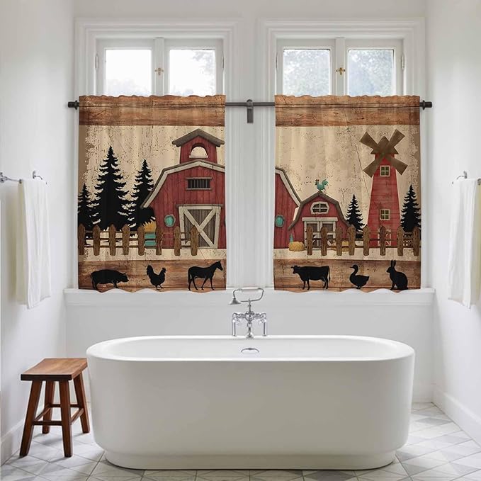 Brown Farmhouse Kitchen Curtains, Vintage Country Animals Wooden Grain Light Filtering Window Curtain Panels, 2Pcs Rod Pocket Window Treatments Set for Cabin Bathroom Bedroom 52x45 Inches