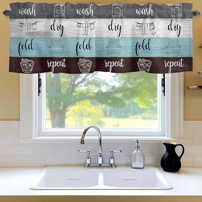Laundry Rules Valances for Windows, Retro Blue White Wood Board Grain Kitchen Valance Light Filtering Rod Pocket Short Curtains for Kitchen Bathroom, 1 Panel, 42"x12"