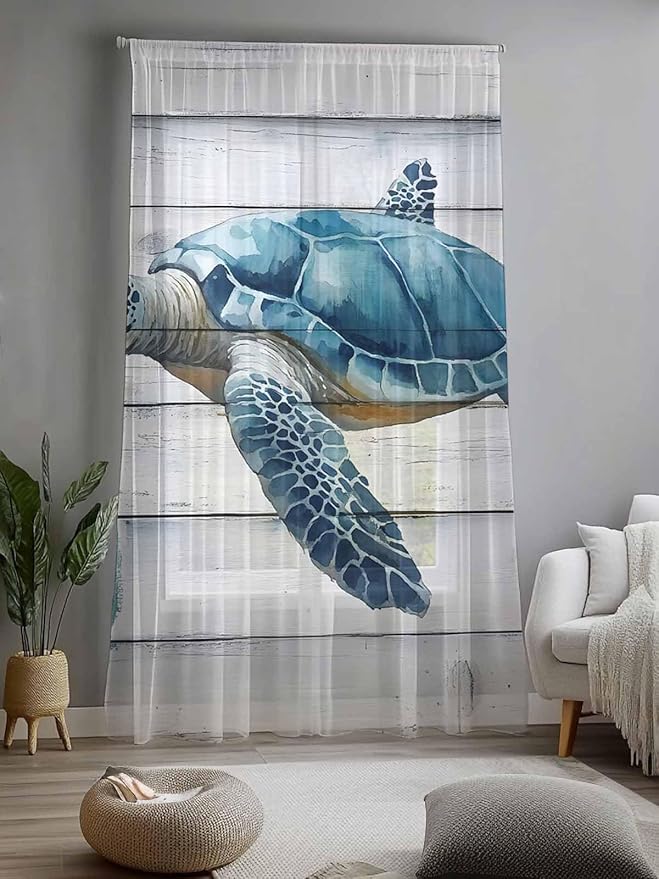 Sheer Curtains 84 Inches Long, Sea Turtle Blue Semi Sheer Curtains Light Filtering Window Treatment, Coastal Ocean Seaweed Wood Grain Privacy Voile Drapes for Living Room Bedroom 52x84 Inch
