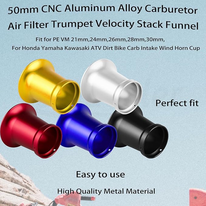 50mm Carburetor Air Filter Trumpet Velocity Stack Funnel CNC Alloy Parts Fit for PE VM 21mm,24mm,26mm,28mm,30mm, for Honda Yamaha Kawasaki ATV Dirt Bike Carb Intake Wind Horn Cup. (blue)