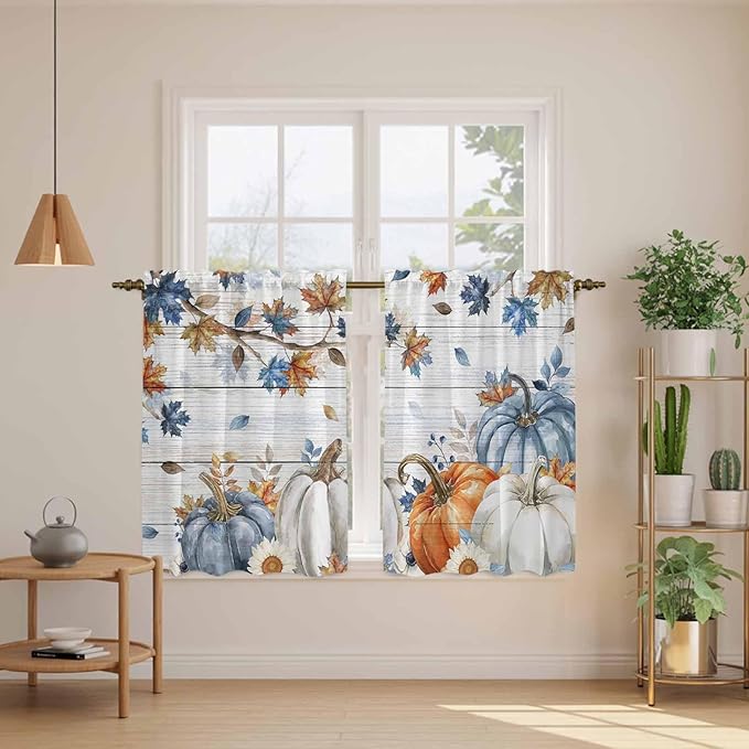 Thanksgiving Pumpkin Kitchen Curtains 45 Inch Long 2 Panel Set, Rod Pocket Window Treatment, Fall Maple Leaf Daisy Wooden Grain Light Filtering Short Curtains & Drapes for Bathroom Laundry 52"W x 45"L