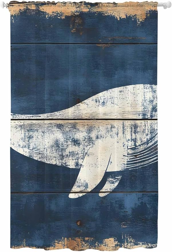 Sheer Curtains 84 Inches Long, Ocean Whale Blue Semi Sheer Curtains Light Filtering Window Treatment, Summer Sea Vintage Wooden Grain Privacy Voile Drapes for Living Room Bedroom 52x84 Inch