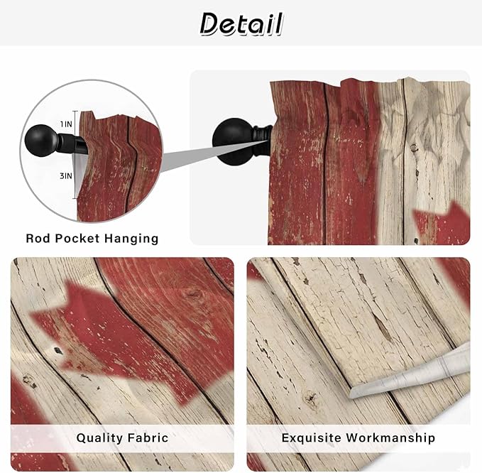 Canada Tier Curtains, Red Maple Leaf Flag Vintage Farmhouse Wooden Grain Light Filtering Kitchen Curtains, 2Pcs Rod Pocket Half Window Treatments Panels for Sink Cafe Cabinet Camper 27.5x24 Inches