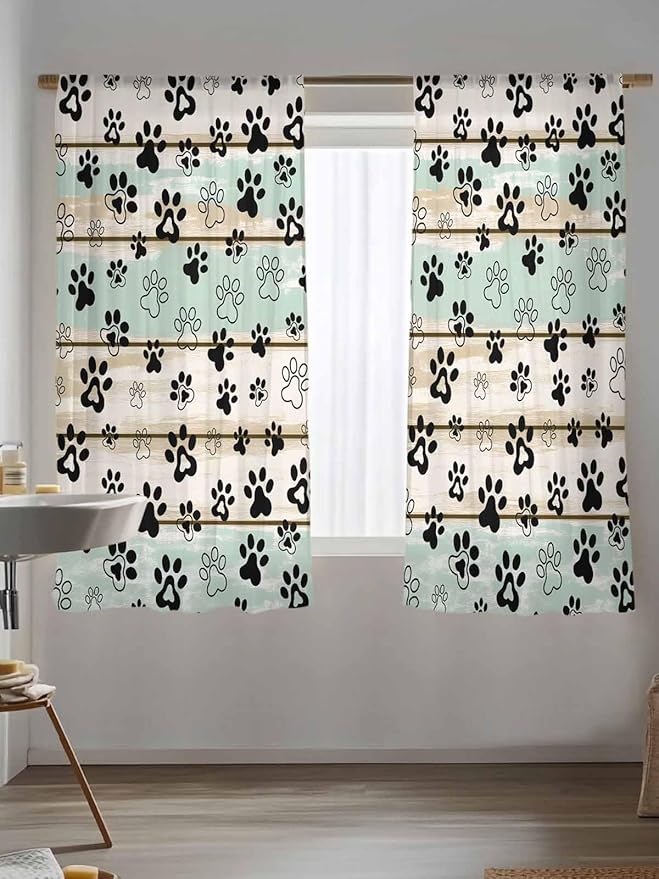 Sheer Curtains 63 Inch Length, Sage Green Beige Farmhouse Semi Sheer Curtains Light Filtering Window Treatment, Black Dog Paw Vintage Wooden Privacy Voile Drapes for Living Room Bedroom 52x63 Inch
