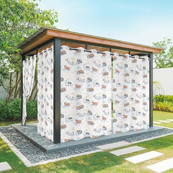Cartoon Animals Outdoor Curtains for Patio Raccoons Rabbits Moon Waterproof Outside Curtains with Grommet Top Weatherproof Curtain for Cabana Pergola Gazebo, 2 Pack, 54" W x 84" L