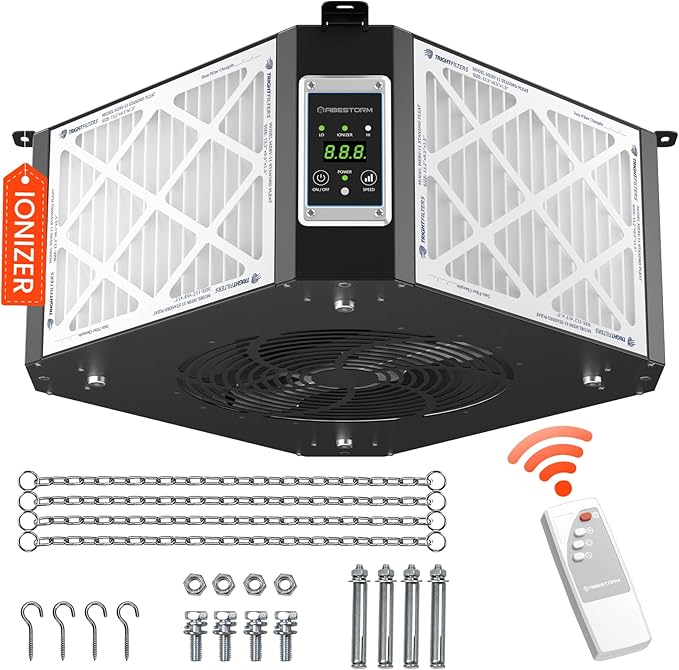 ABESTORM Air Filtration System Woodworking Built-in Ionizer, 1350CFM Hanging Air Filter with Strong Vortex Fan, 360 Degree Intake, Shop Dust Collector for Woodworking, Garage WorkShop, DecDust 1350IG