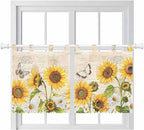 Yellow Sunflowers Kitchen Curtains 36 Inch Length, Small Window Curtains Tab Top, Country Farm Butterfly Flower Light Beige Light Filtering Short Window Treatments Tier Drapes 27.5"x36" 2 Panel