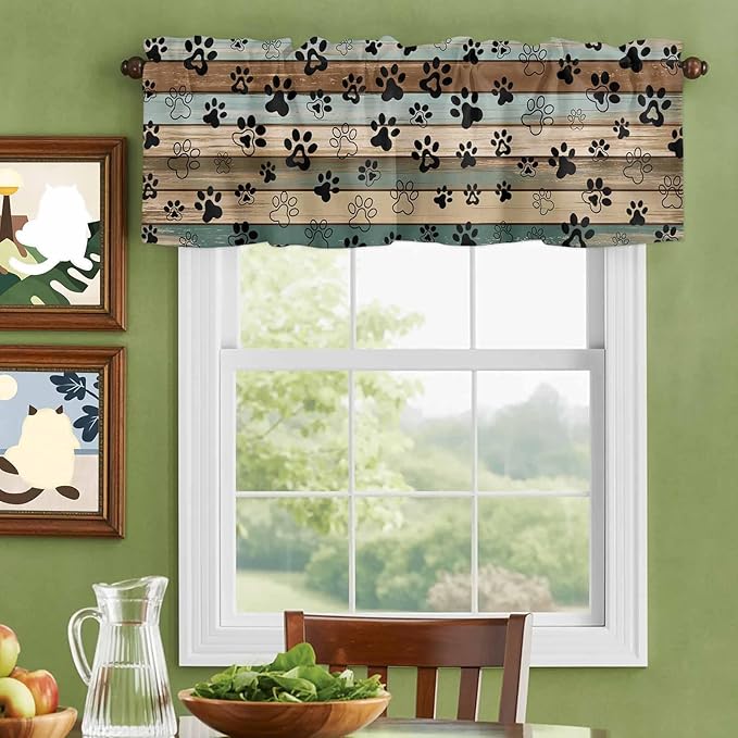 Dog Paws Valance Curtains for Kitchen, Teal Brown Wood Grain Privacy Rod Pocket Valance Curtain, Light-Filtering Window Treatment for Bedroom Bathroom, 42"x18"