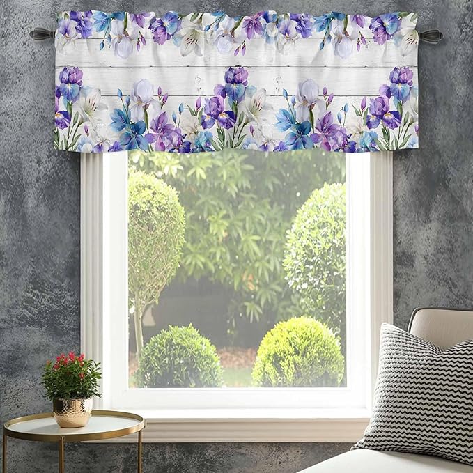 Spring Flowers Curtain Valances for Windows, Kitchen Valance Window Treatment, Watercolor Garden Florals Wooden Grain Light Filtering Block Curtains for Bathroom/Bedroom/Living Room 60'' x 18''