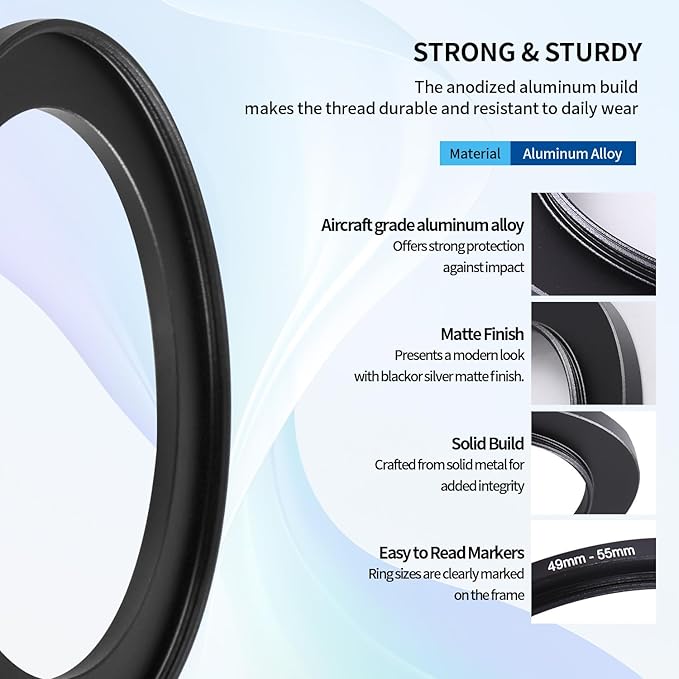 49-55mm Step-Up Ring Adapter, 49mm to 55mm Step Up Filter Ring for 49mm Lens Mount 55mm for DSLR Lenses and ND UV CPL IR Filters （49-55mm）