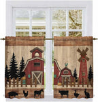 Brown Farmhouse Kitchen Curtains, Vintage Country Animals Wooden Grain Light Filtering Window Curtain Panels, 2Pcs Rod Pocket Window Treatments Set for Cabin Bathroom Bedroom 52x45 Inches