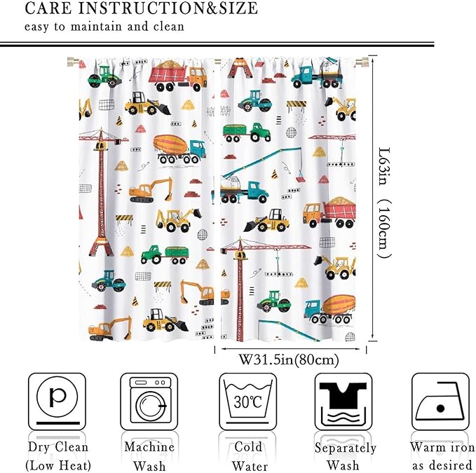 Construction Window Curtains, Kids Cartoon Construction Machines Building Hand Drawn Doodle Rod Pocket Decorative Windows Curtain for Children Teens Room Decor 63x63in (30% Blackout)