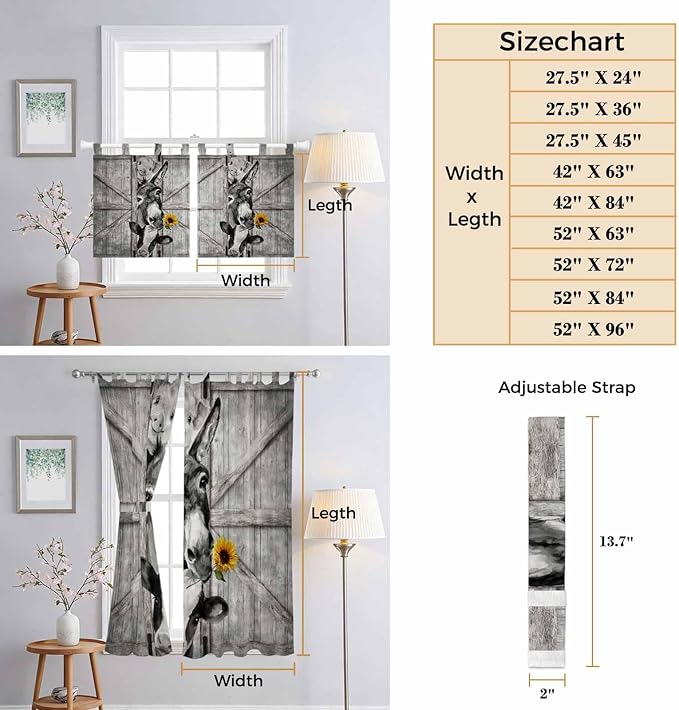Funny Farm Animals Bedroom Curtains 63 Inch Length, Window Curtains Tab Top, Vintage Barn Grey Sunflowers Light Filtering Window Treatments Drapes 42"x63" 2 Panel