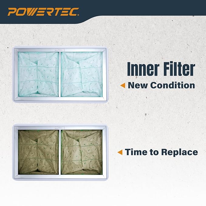 POWERTEC 1 Micron Inner Air Filter for WEN 3410, POWERTEC AF4000/AF4001, Shop Fox W1830 Air Filtration System, Replacement for WEN 90243-026-2 Woodworking Air Filters for Workshop & Garage, 2PK