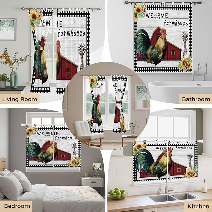 Farmhouse Rooster Kitchen Curtains 24 Inch Length, Small Window Curtains Tab Top, Rustic Red Barn Windmill Sunflowers Light Filtering Short Window Treatments Tier Drapes 27.5"x24" 2 Panel