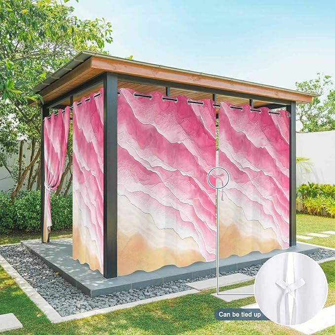 Ocean Outdoor Curtains for Patio Beach Waves Watercolor Abstract Gradient Pink Waterproof Outside Curtains with Grommet Top Weatherproof Curtain for Cabana Pergola Gazebo, 2 Pack, 54" W x 108" L