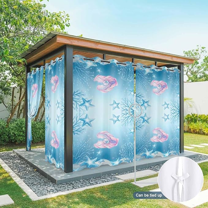 Ocean Shell Outdoor Curtains for Patio Corals Starfish Summer Marine Waterproof Outside Curtains with Grommet Top Weatherproof Curtain for Cabana Pergola Gazebo, 1 Panel, 54" W x 84" L