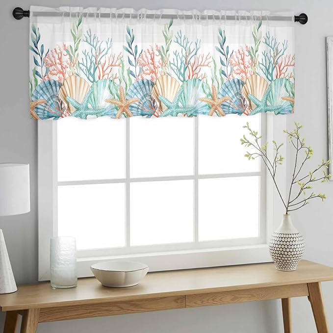 Summer Beach Sheer Valance Curtains, Ocean Colorful Coral Shell Seaweed Starfish Light Filtering Kitchen Valances Rod Pocket Voile Curtain Window Treatment for Bedroom/Living Room/Basement 42Wx18L