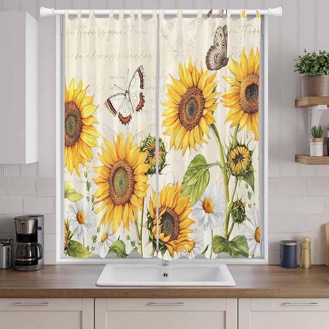 Farm Sunflowers Living Room Curtains 84 Inch Length, Window Curtains Tab Top, Retro Flowers Butterfly Botanical Beige Light Filtering Window Treatments Drapes 52"x84" 2 Panel