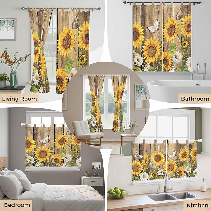 Farmhouse Sunflowers Living Room Curtains 84 Inch Length, Window Curtains Tab Top, Rustic Floral Buttterfly Wood Board Brown Light Filtering Window Treatments Drapes 42"x84" 2 Panel
