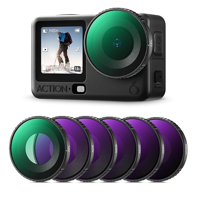 K&F CONCEPT HD CPL ND Filter Kit Compatible with DJI Osmo Action 6 Essential Combo, CPL ND8 ND16 ND32 ND64 ND256 Screw On Fit Action Camera Neutral Density Polarising Filter Optical Glass Multi-Coated