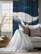 Sheer Curtains 72 Inches Long, Ocean Whale Blue Semi Sheer Curtains Light Filtering Window Treatment, Watercolor Coastal Vintage Wood Grain Privacy Voile Drapes for Living Room Bedroom 52x72 Inch