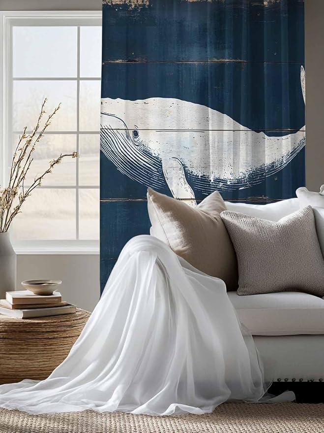 Sheer Curtains 63 Inch Length, Ocean Whale Blue Semi Sheer Curtains Light Filtering Window Treatment, Watercolor Coastal Vintage Wood Grain Privacy Voile Drapes for Living Room Bedroom 52x63 Inch