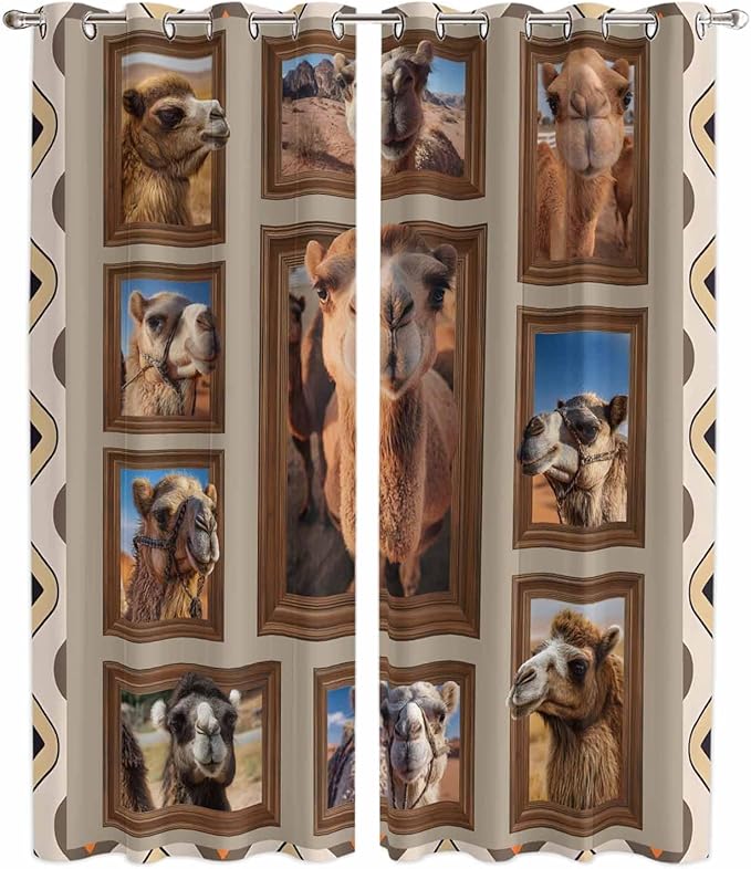 2 Panel Kitchen Cafe Curtains, Desert Camels Sunlight Filtering Nature Air Through, Home Decor Window Covering Tier Curtains for Living Room 104W x 96L inch Western Wildlife Brown Animals Country