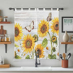 Yellow Sunflowers Bathroom Curtains 63 Inch Length, Window Curtains Tab Top, Vintage Country Flowers Butterfly Wood Board Light Filtering Window Treatments Drapes 52"x63" 2 Panel