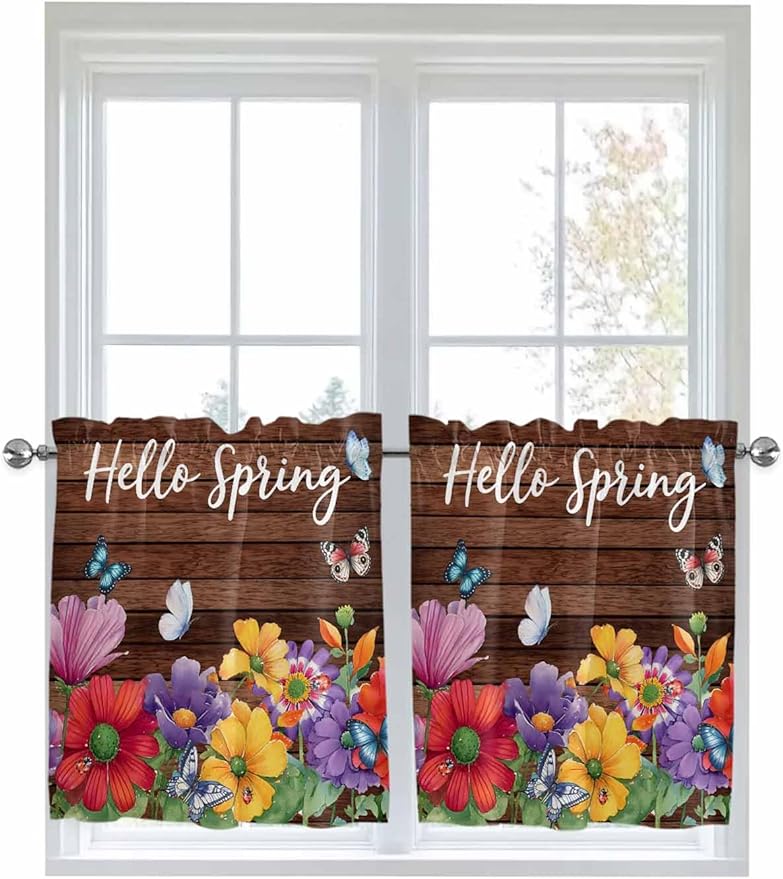 Spring Flowers Half Window Curtain 36 Inches Long, Watercolor Farmhouse Colorful Wooden Grain Window Treatment Curtain Drapes, Small Tier Curtains for Bathroom Over Sink, 27.5"x36", 2 Panels