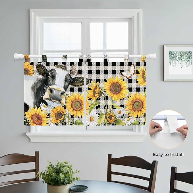 Retro Sunflowers Kitchen Curtains 24 Inch Length, Small Window Curtains Tab Top, Farmhouse Floral Cow Butterfly Black Plaid Light Filtering Short Window Treatments Tier Drapes 27.5"x24" 2 Panel