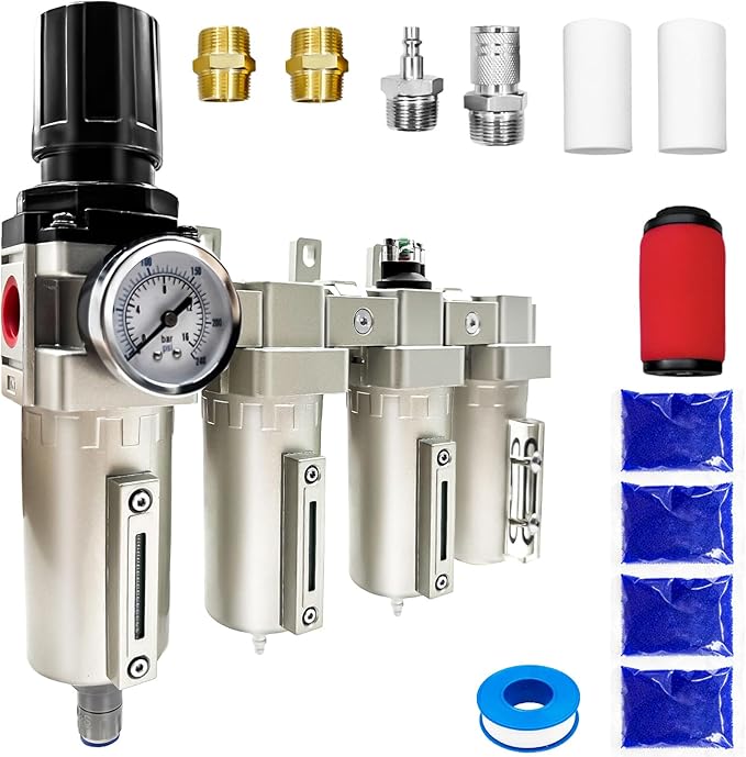 Upgraded 1/2" NPT Industrial Grade 4 Stage Air Drying System, Particulate Filter, Coalescing Filter, Desiccant Dryer & Air Regulator - for Plasma Cutter, Paint Spray, 3Filter&1Dryer System，Auto Drain